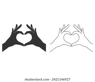 Dos manos en forma de icono de línea de corazón conjunto vector de signo de amor