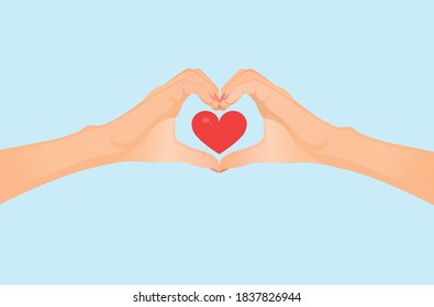 Dos manos en forma de corazón sobre fondo azul. Ilustración plana vectorial para postal, valentina, amor, medicina, coronavirus.