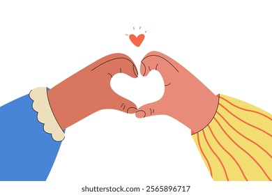 Two hands form heart shape. Human hand gesture with fingers create love symbol, romantic relationship connection, empathy and support concept cartoon style. Vector flat illustration