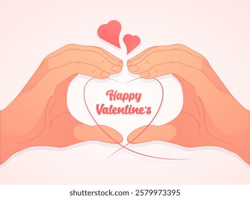 Two hands form a heart shape with "Happy Valentine’s" text inside, symbolizing love and romance. Soft pastel colors enhance the warmth and affection