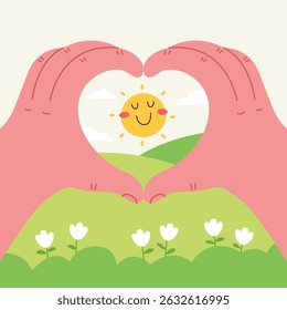 Duas mãos formam uma forma de coração, enquadrando um sol alegre sobre uma paisagem verdejante cheia de vida vibrante e tranquilidade. Capturando temas de amor, conexão e harmonia ambiental.