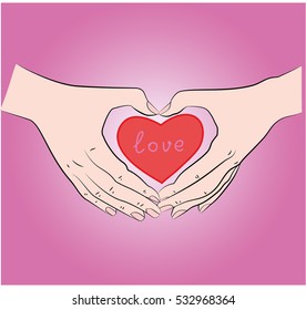 Two hands form a heart shape with the words love. Valentine's Day. Vector illustration