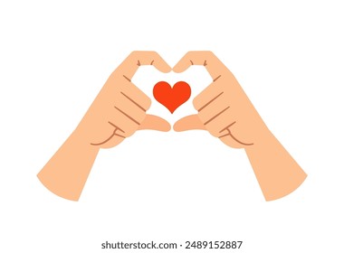 Two Hands Forming A Heart Shape With A Small Red Heart In The Center. Cartoon Vector Illustration Represents Love, Care