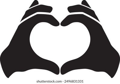 Two hands forming a heart shape. Hand silhouettes making a hand heart gesture. Black silhouettes on transparent background