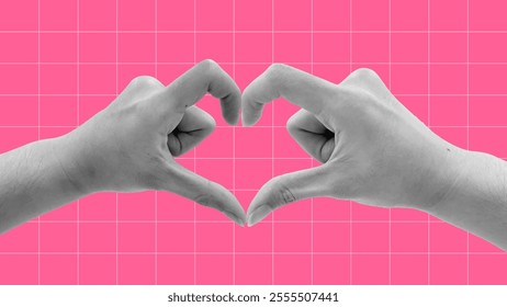Two hands forming heart shape gesture, symbol of love. Realistic black and white 3d vector design elements, valentine's day illustration