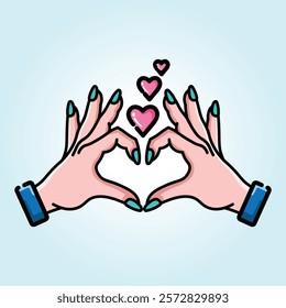 Two hands forming a heart shape with floating pink hearts.  A symbol of love and affection.