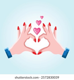 Two hands forming a heart shape with small pink hearts floating above.  A symbol of love and affection.