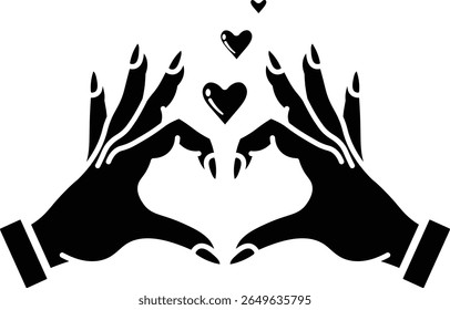 Duas mãos formando uma forma de coração com pequenos corações flutuando acima do ícone vetor estilo sólido.  Um símbolo de amor e afeto.