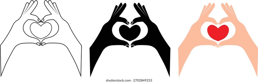 Dos manos que forman un conjunto de Vector en forma de corazón de contorno, silueta y diseño plano.