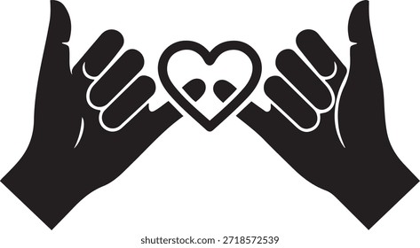 Two hands forming a heart shape with the word love in sign language black and white