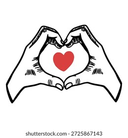 Dos manos formando una forma de corazón con un Pequeño corazón rojo en el centro dibujado a mano estilo doodle