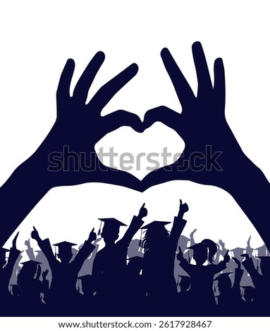 Two hands forming heart shape silhouette on background of cheerful crowd of graduate students. Graduation ceremony. Vector illustration