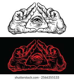 Two hands forming a triangular shape with an eye in the center, symbolizing mysticism and insight, forming the illuminati symbol