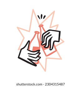 Two hands of friends clink beer bottles at a party. Vector simple doodle, illustration, flat outline icon.