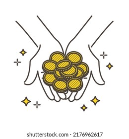Two hands full of coins. Concept of rich people and point return [Vector illustration].