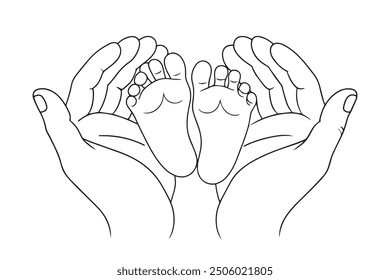 Two hands gently cradle a baby's tiny feet. continuous line art vector illustration