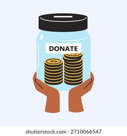 Duas mãos suavemente embalam um frasco de vidro claro contendo pilhas de moedas de ouro, rotuladas para doações, simbolizando doações de caridade e apoio financeiro.