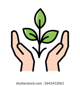 Two hands gently cradle a small green plant. Suitable for environmental campaigns, nature themed designs, and eco friendly businesses promoting sustainability and growth.
