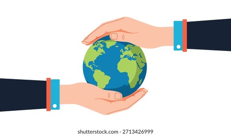 Dos manos acunan suavemente un Pequeño globo terráqueo para simbolizar la unidad global, la responsabilidad y la cooperación para un futuro sostenible.