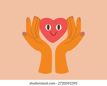 Dos manos acunan suavemente a un personaje sonriente de corazón rojo. Una ilustración vibrante y plana que representa la bondad, la Asistencia emocional y la autocompasión