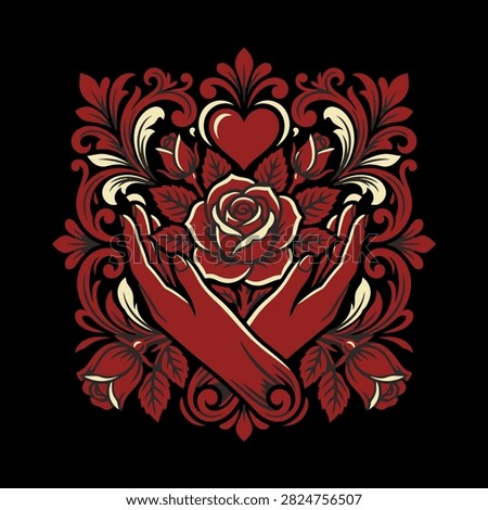 Two hands gently cradling a blooming red rose with heart