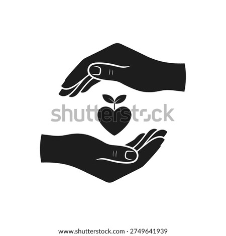 Two hands gently cupping a heart shaped plant with leaves, symbolizing care and growth.