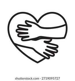 Dos manos abrazando suavemente una forma de corazón en un simple dibujo de línea en blanco y negro