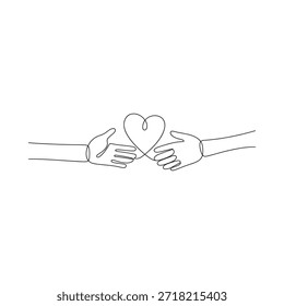 Dos manos formando suavemente una forma de corazón con un dibujo de línea continua