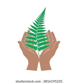 Two hands gently hold a vibrant green fern frond, representing care for the environment and plant life.