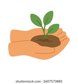 Two hands gently hold a young green plant. Symbol of care, growth and nature protection.