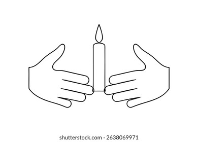 Two hands gently holding a lit candle line drawing