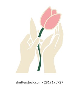 Two hands gently holding a pink tulip flower, symbolizing love, care, and appreciation