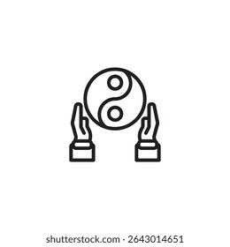 Duas mãos suavemente segurando um símbolo Yin e Yang. Representa equilíbrio, harmonia, dualidade ou interconectividade em um estilo de arte de linha minimalista.