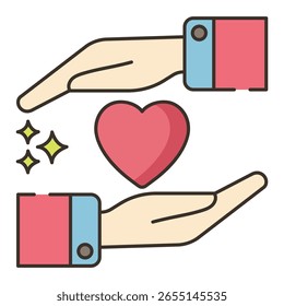 Dos manos protegiendo suavemente un icono de corazón rojo brillante