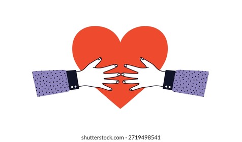 Dos manos alcanzando suavemente un Grande corazón rojo que simboliza la conexión amorosa y el cuidado en una encantadora ilustración dibujada a mano.