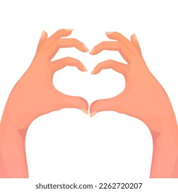 Two hands in gesture heart shape, arms as a sign love in cartoon style isolated on white background. Positive symbol, feelings.