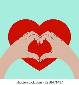 Two hands gesture making heart symbol. Concept of love, cooperation, friendship. Hand drawn doodle. Vector illustration, flat design