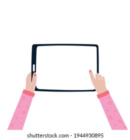 Two hands of a girl, electronic tablet, top view. Freelancer modern woman concept. Vector flat illustration isolated on white background.