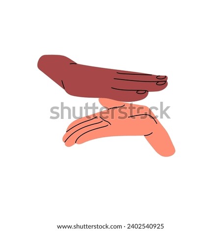 Two hands give high five icon. Biracial arms slap, open palms clap. Greeting, support gesture of friends. Team partner congratulation with success, highfive. Flat isolated vector illustration on white
