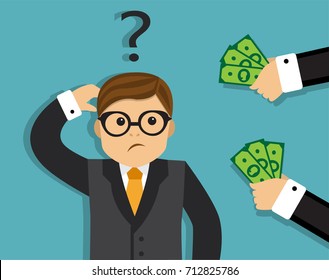 Two hands give the man money
The man doubts and thinks about taking a bribe