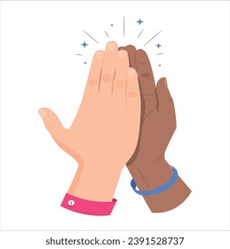 Two hands giving each other a High Five. Informal greeting, two hands giving a high five, team result, friendly partners from the contour red and blue lines. Vector illustration. 2470