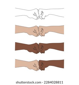 Two hands giving a fist bump. Pose and gesturing. Concept of teamwork, partnership, friendship. One line vector illustration.