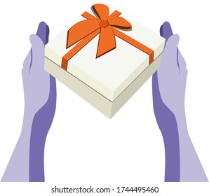 Two hands giving a gift, a box, at the top with a bow. Drawing in a flat style. Vector graphics