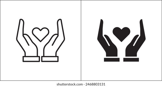 Two hands giving a heart icon. Hands and love sign. Icon for charity, donation, compassion, solidarity and humanitarian. Vector Stock logo illustration in flat and line design style.