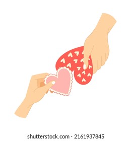 Two Hands Giving Heart Shaped Valentines Day Card Vector Illustration