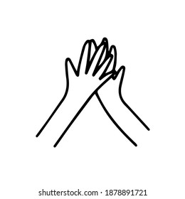 Two hands giving a high five. Great work. Friendship and cooperation concept. Black and white vector isolated illustration doodle