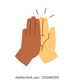 Two hands giving high five, clapping palms icon. Biracial arms slap, greeting hi gesture of friends. Partners congratulation with great deal. Flat vector illustration isolated on white background