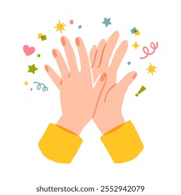 Two hands giving high five, clapping palms icon.  Partners congratulation with great deal. Flat vector illustration isolated on white background