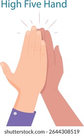 Two hands giving high five, clapping palms icon. Biracial arms slap, greeting hi gesture of friends. Partners congratulation with great deal. Flat vector illustration 