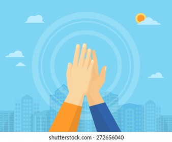 Two hands giving a high five for great work. Vector illustration of friendship and giving a high five as a symbol of great work achievement. People team give hand slapping 